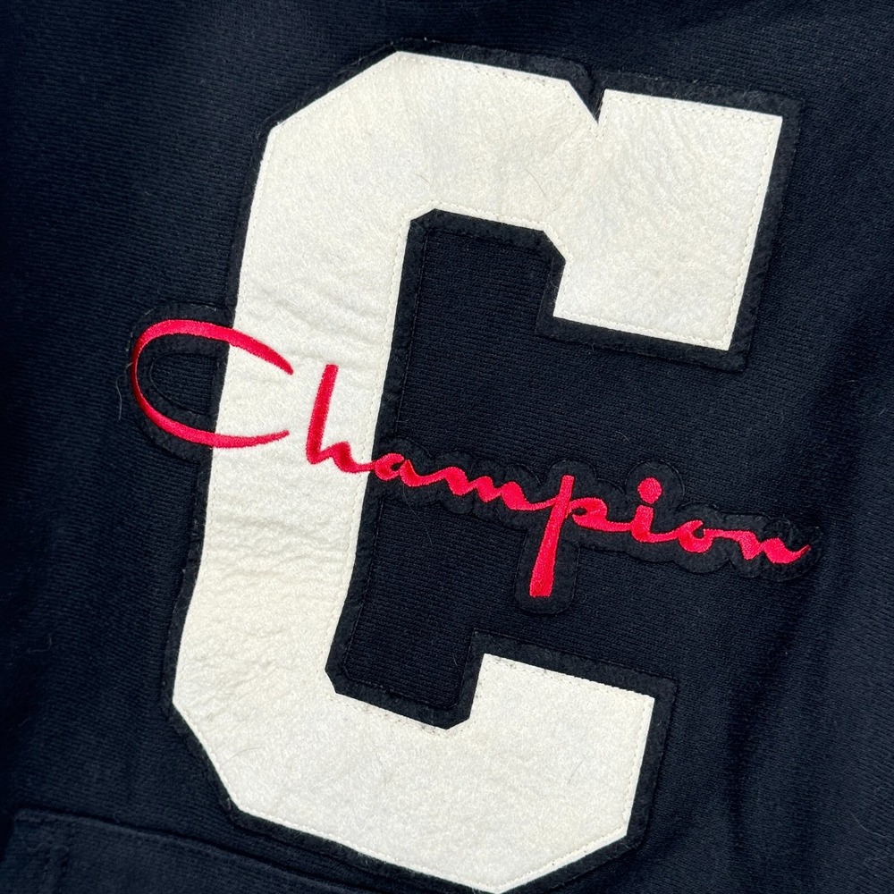 Champion Reverse Weave Chenille Felt Logo Hoodie Sweatshirt Men X-Small Black - Picture 3 of 9